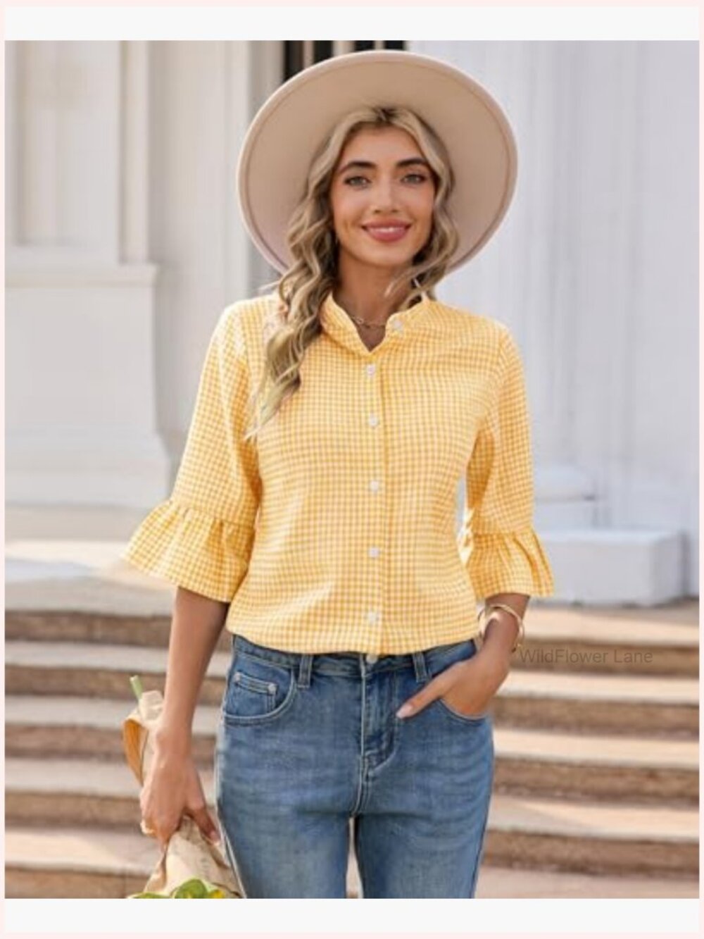 Button Down Checkered 3/4 Ruffle Sleeve Mandarin Collar Blouse - Picture 2 of 5